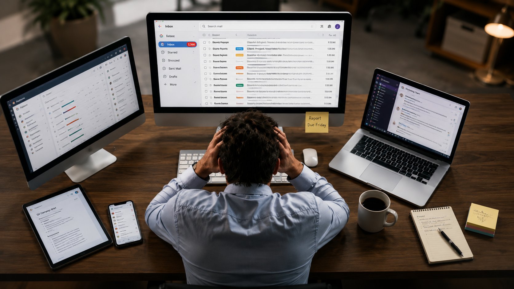 Person am Schreibtisch, überfordert von E-Mails, Bildschirmen und Notizen